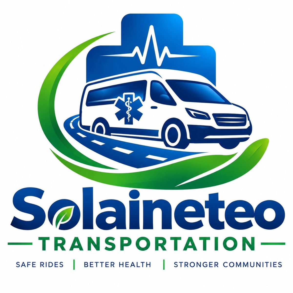 Solaineteo Transportation logo featuring an ambulance van with a heartbeat symbol inside green hands